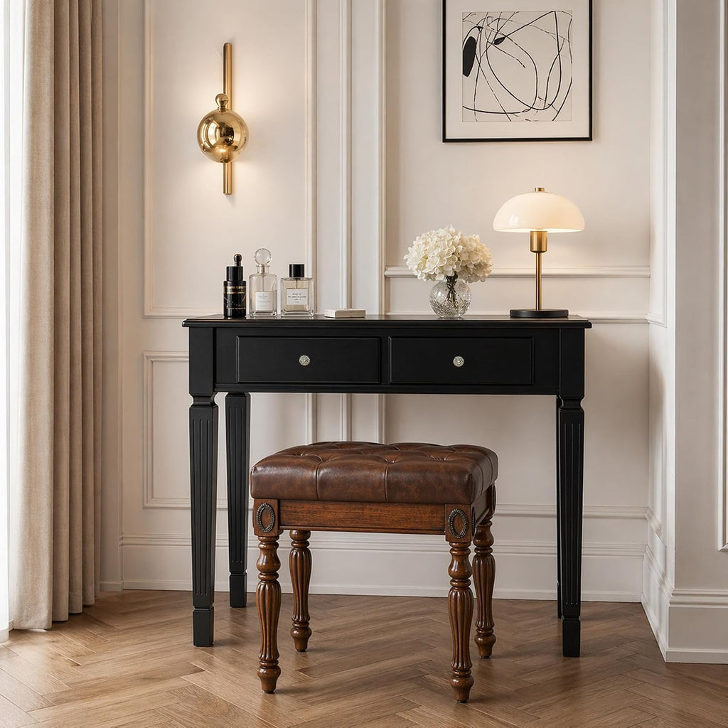 Small Makeup Vanity Desk Table with Flip-Top Mirror and Hidden Storage Compartments, Wood Computer Writing Desk with 2 Drawers, Easy Assembly Dressing Table for Bedroom Black SZT-D0036-BK