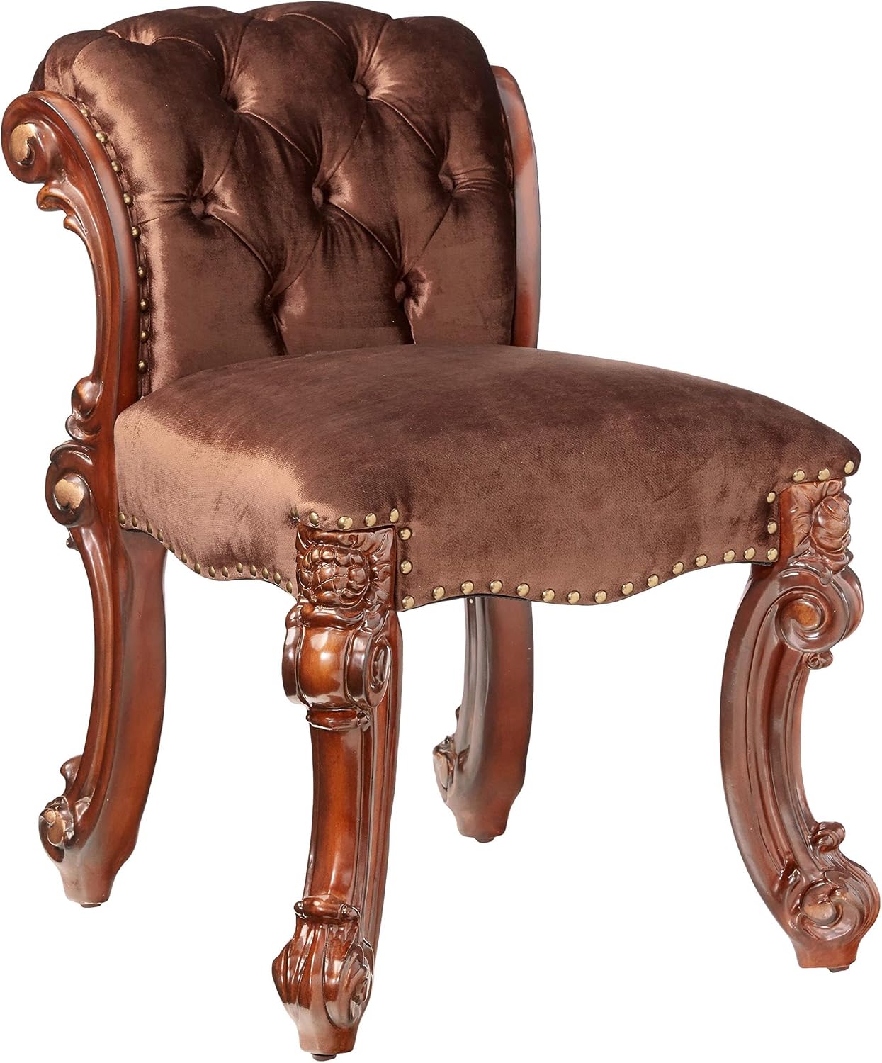 BOWERY HILL Vanity Stool, Cherry Finish, 27.56' H x 28.74' W x 20.08' D, Padded Seat and Backrest Cushion, Fabric Upholstery, Poplar and Aspen Wood, Elegant Baroque Style Vanity Bench for Bedroom or