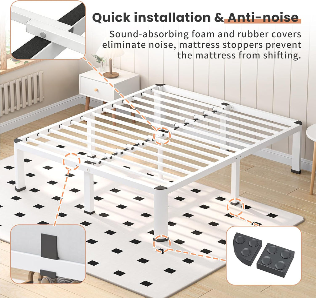 VIPSHOW 14 Inch White King Heavy Duty 3500 lbs Bed Frame with Round-Corner Legs & Anti-Squeak Design – Quick Assembly Metal Platform, No Box Spring Needed