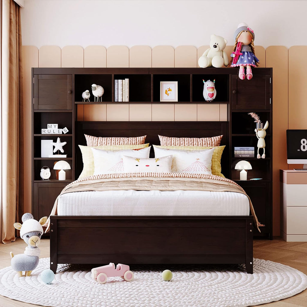 Polibi Full Size Bed Frame Wooden Platform Bed with All-in-One Cabinet and Shelf, 4 Storage Drawers & Wireable Charging Position with Holes,No Box Spring Required,Espresso