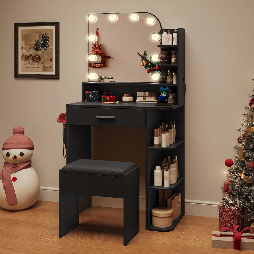 wanan Makeup Vanity with Chair, Small Vanity Desk with Mirror and Lights 3 Colors, Girls Vanity Set with Power Outlet, Compact Vanity Table for Small Space, Black