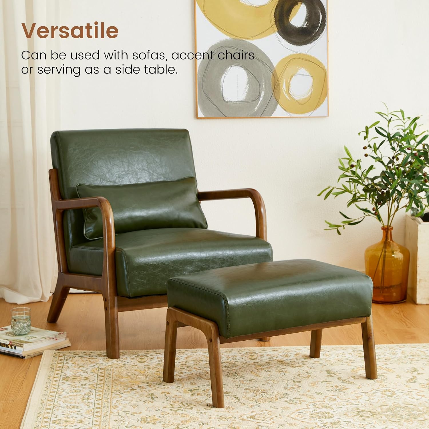 Glitzhome Foot Stool Ottoman Set of 2, Modern Leatherette Sofa Stool Vanity Chair with Rubber Wood Frame, Footrest Ottoman Bench for Living Room, Entryway, Hunter Green