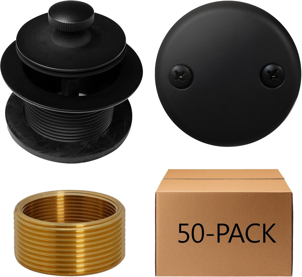Westbrass D94K-50-62 Twist & Close Bathtub Drain Stopper with 2-Hole Faceplate and Adapter Bushing, Matte Black (50-Pack)