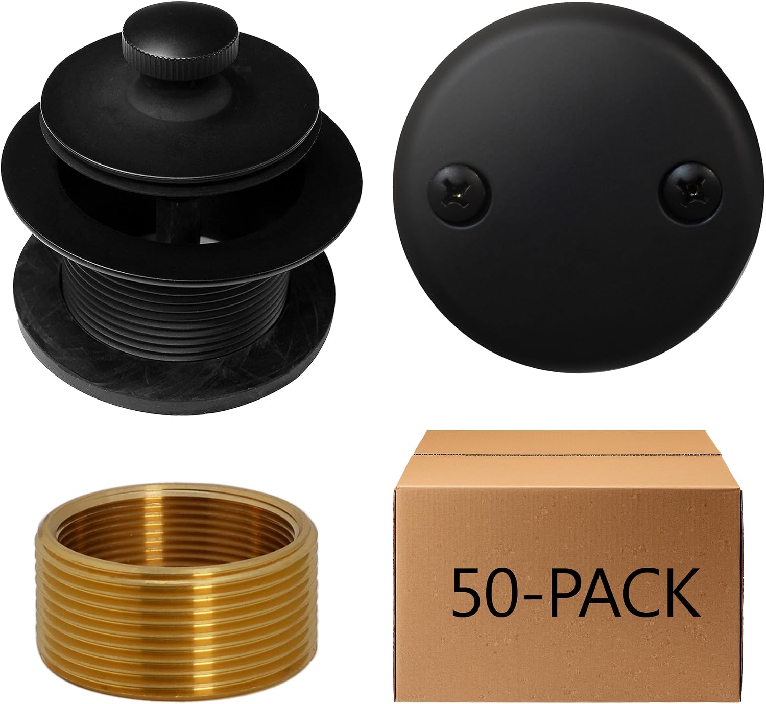 Westbrass D94K-50-62 Twist & Close Bathtub Drain Stopper with 2-Hole Faceplate and Adapter Bushing, Matte Black (50-Pack)