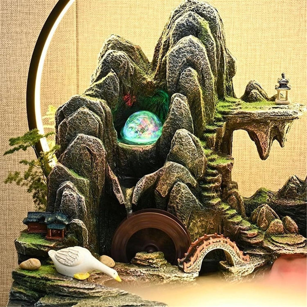 Indoor Fountain Tabletop Water Fountain, Rockery and Flowing Ornament Polyresin Decoration Waterfall Decor