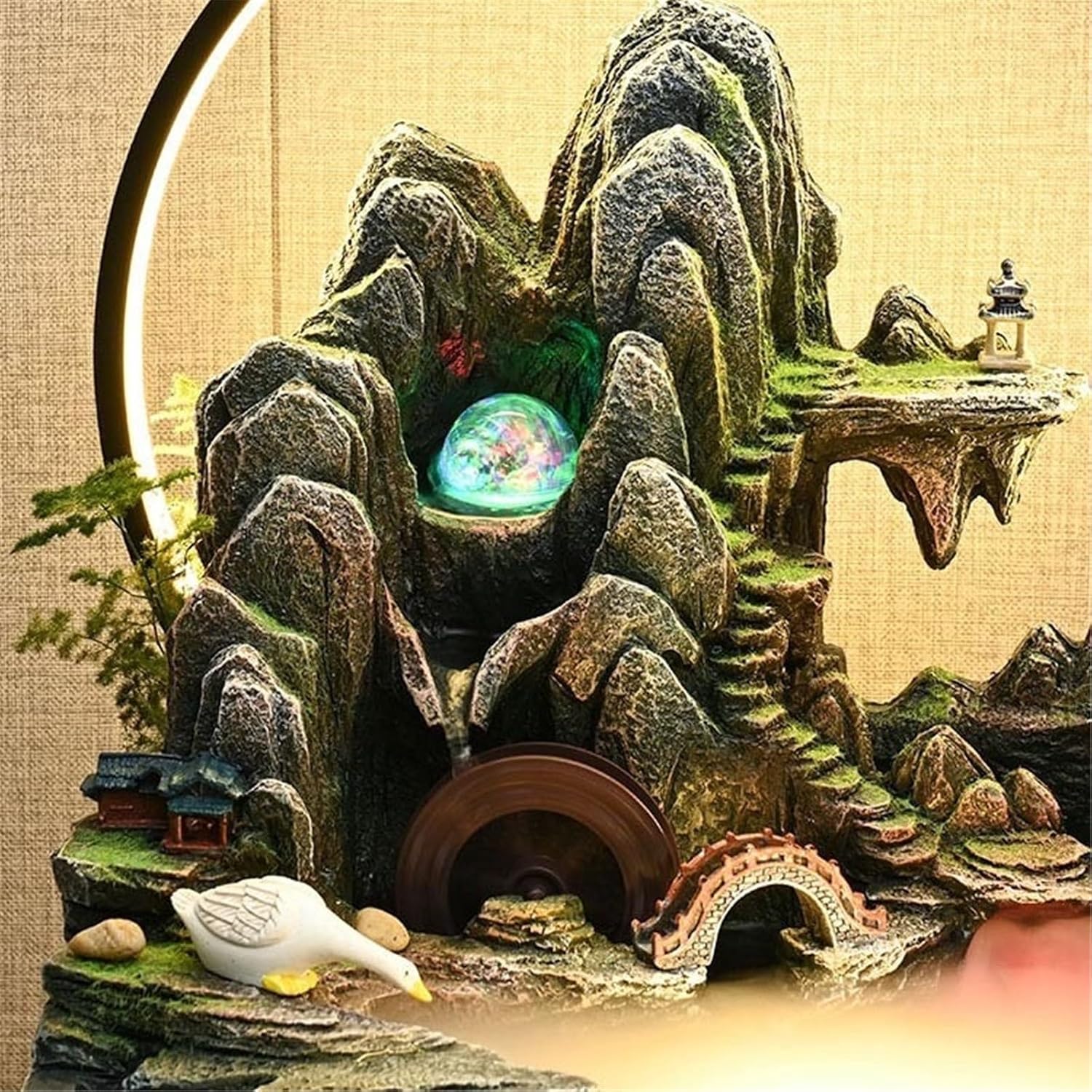 Indoor Fountain Tabletop Water Fountain, Rockery and Flowing Ornament Polyresin Decoration Waterfall Decor