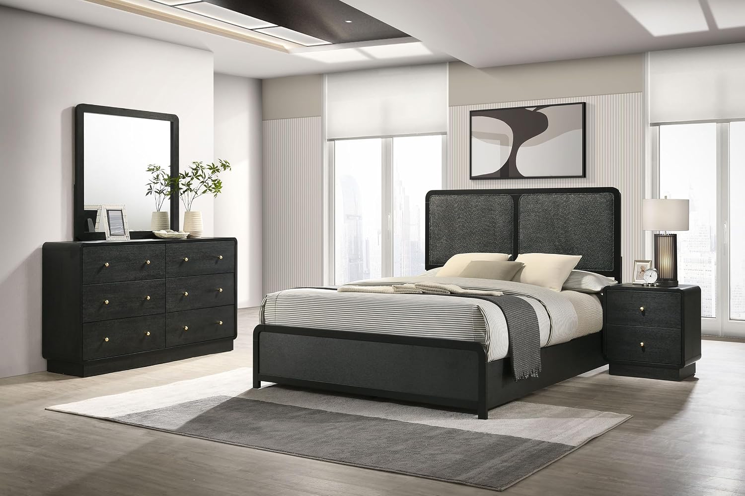 Coaster Home Furnishings - Cavelle - Wood - 4-Piece Bedroom Set with Panel Bed, Metal Knobs, and Upholstered Headboard - Bedroom - Full Size - Black - 223661F-S4