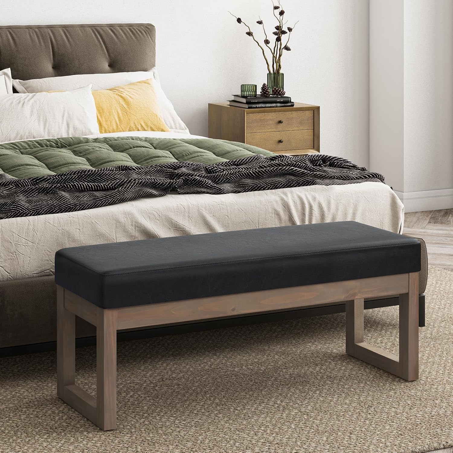 SIMPLIHOME Milltown Large Ottoman Bench - 44 inch Wide Upholstered Vegan Leather Rectangle Footstool Ottoman in Midnight Black, Contemporary Bench for Bedroom with Cushioned Seat, Assembled