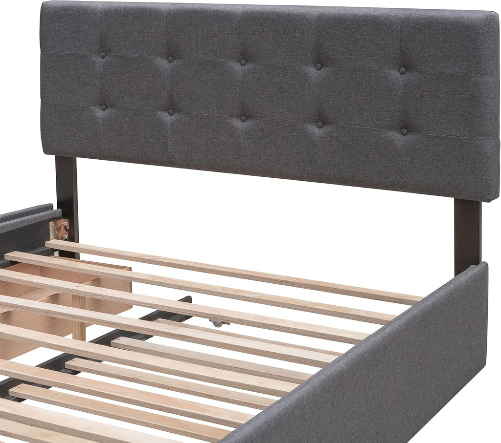 Merax Queen Size Upholstered Bed with 2 Storage Drawers and Twin XL Trundle, Solid Wood Platform Bed No Box Spring Needed, Dark Grey