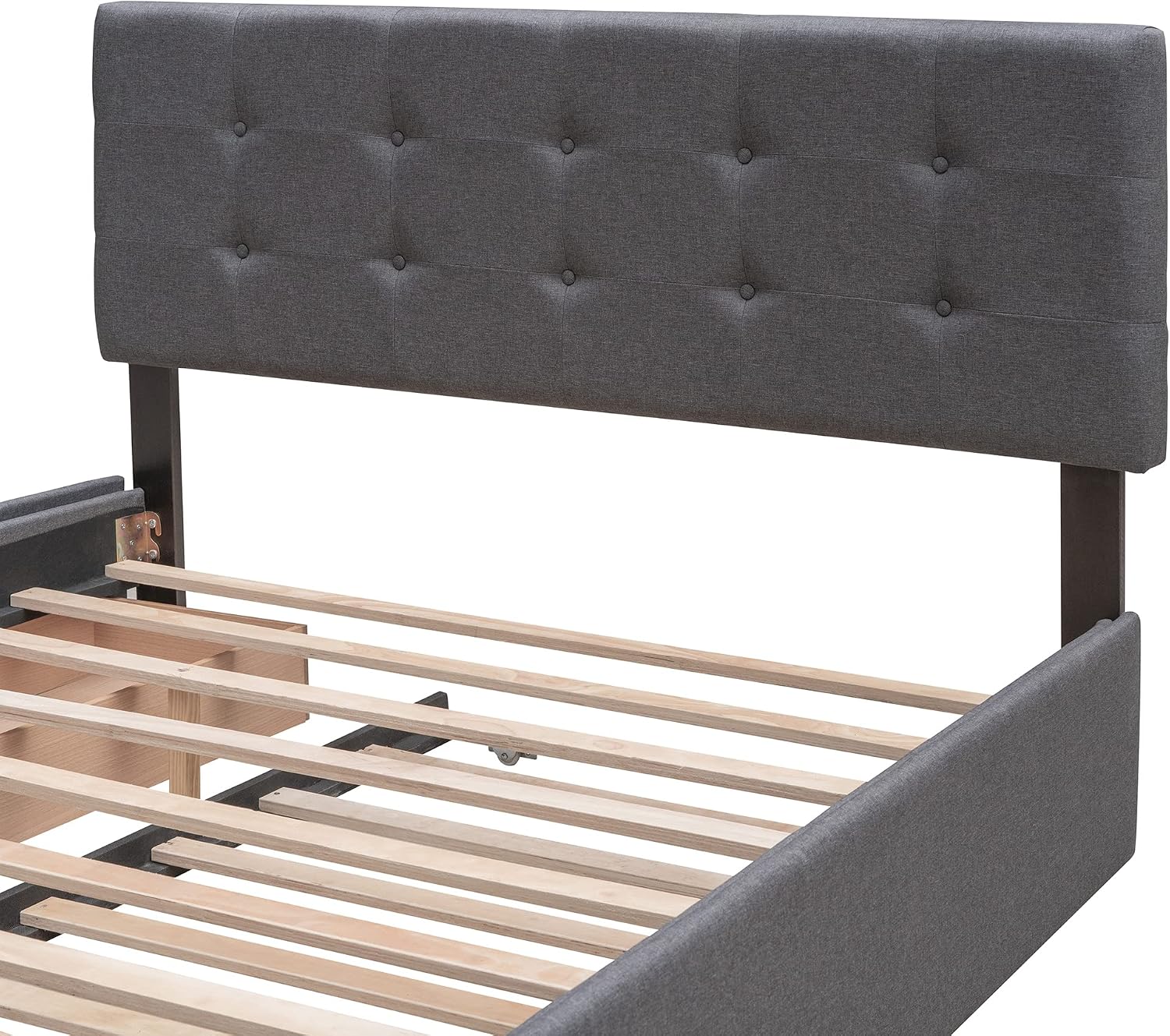 Merax Queen Size Upholstered Bed with 2 Storage Drawers and Twin XL Trundle, Solid Wood Platform Bed No Box Spring Needed, Dark Grey