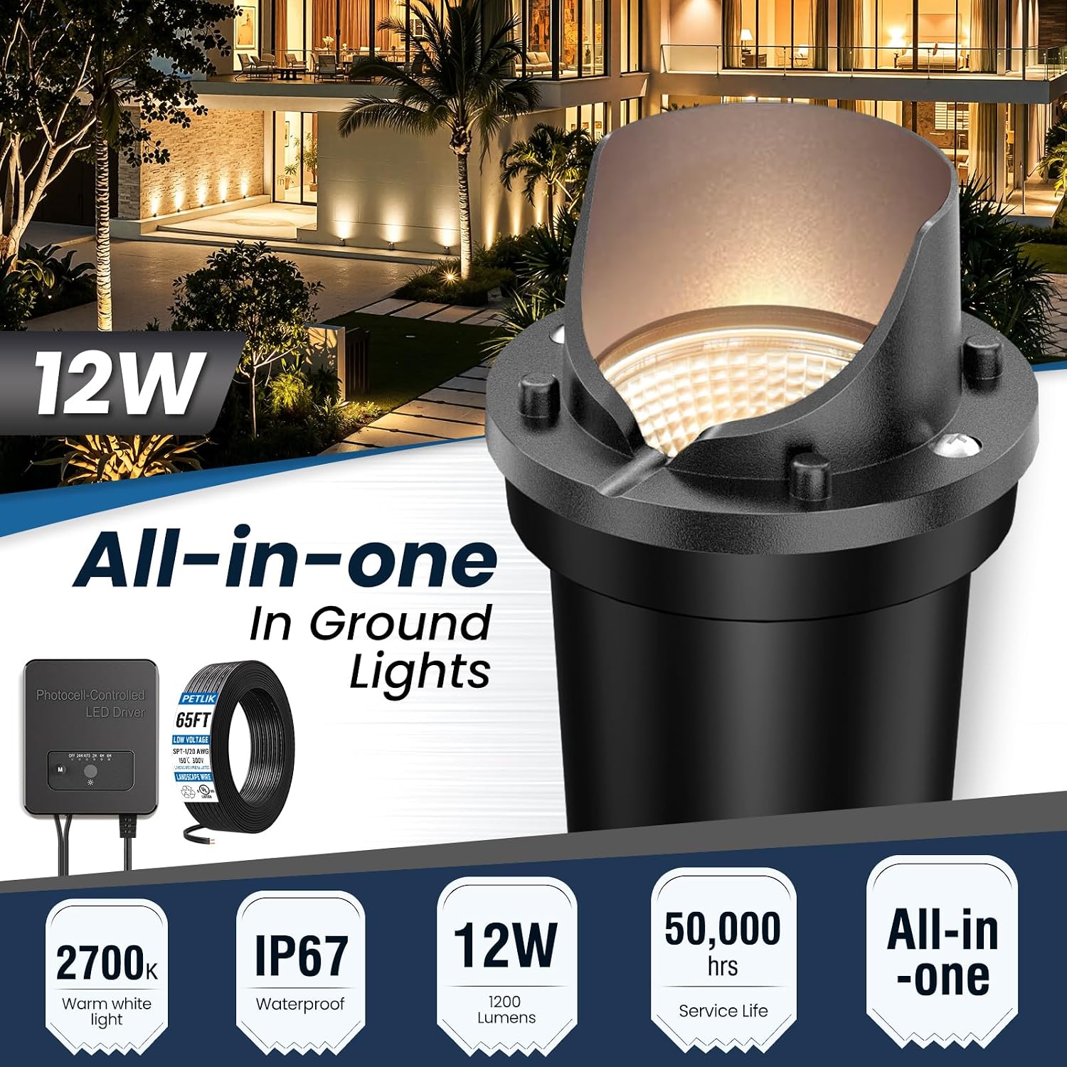 All-in-One Low Voltage Landscape Lighting 12W LED Well Lights IP67 Outdoor In-Ground Lights Waterproof with Transformer, 2700K Warm White Pathway Lighting for Yard Garden, 8 Pack