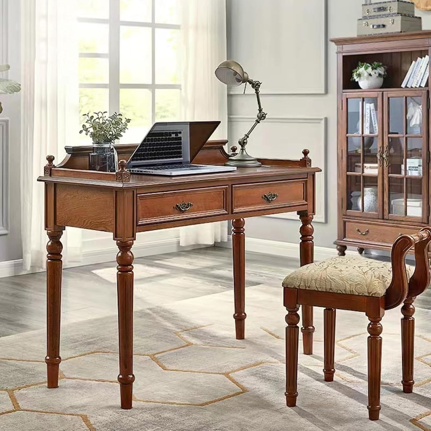 Solid wood Vanity Bench Stool,low back makeup Chair with PaddedCushion Ottoman Bench,American vintage makeup stool, solid wood carved legs piano stool for bedroom, living room, bathroom, beauty salon