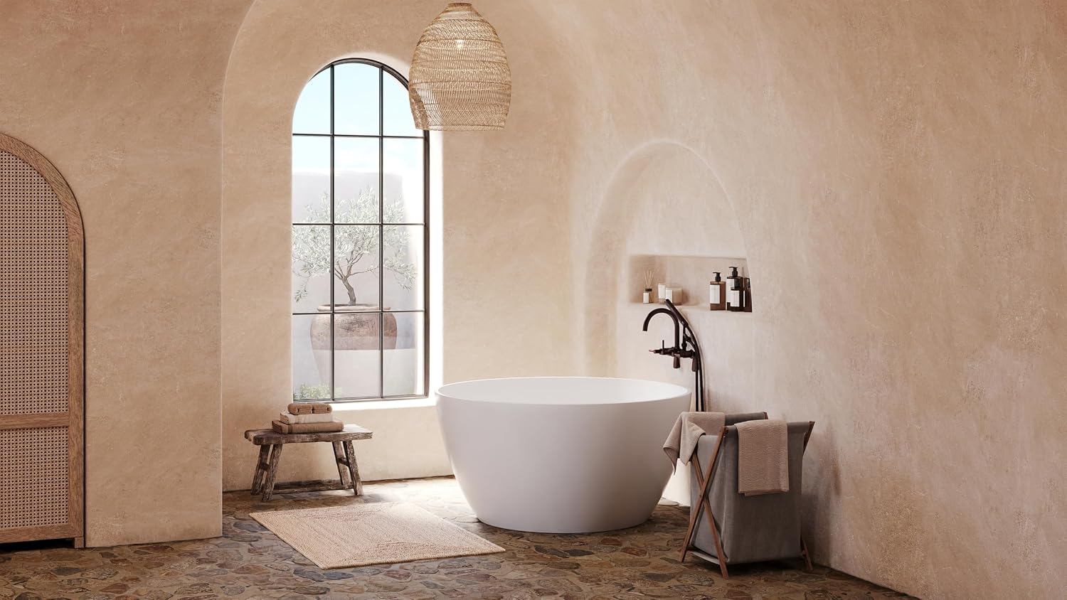 Kingston Brass KRTRO4545155DL 45' Solid Surface Round Double Ended Freestanding Tub with Faucet Combo and Drain, Oil Rubbed Bronze