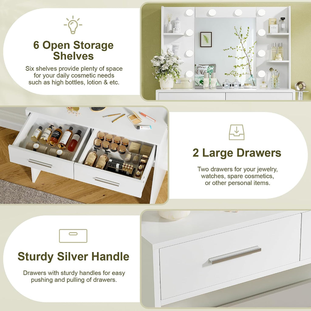 YESHOMY Vanity Desk with Mirror, Makeup Table with 2 Large Drawers, Power Outlet and Round Holder, 3 Color Modes Adjustable Bulb, White