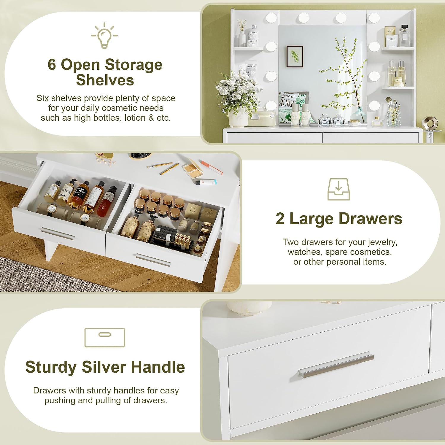 YESHOMY Vanity Desk with Mirror, Makeup Table with 2 Large Drawers, Power Outlet and Round Holder, 3 Color Modes Adjustable Bulb, White