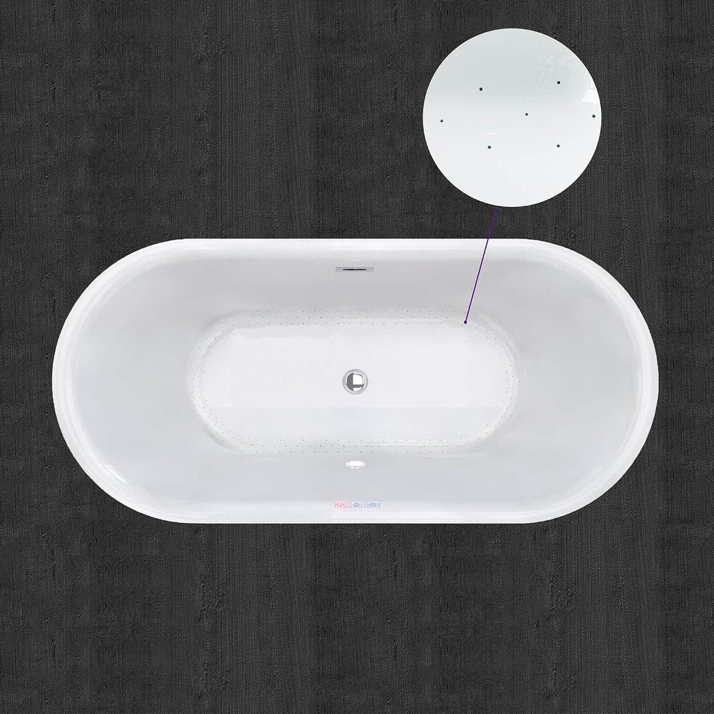 WOODBRIDGE 67' Air Bubble Acrylic Freestanding Bathtub Contemporary Soaking Tub, White Acrylic wirh Matte Black Drain and Overflow,B0101-MB