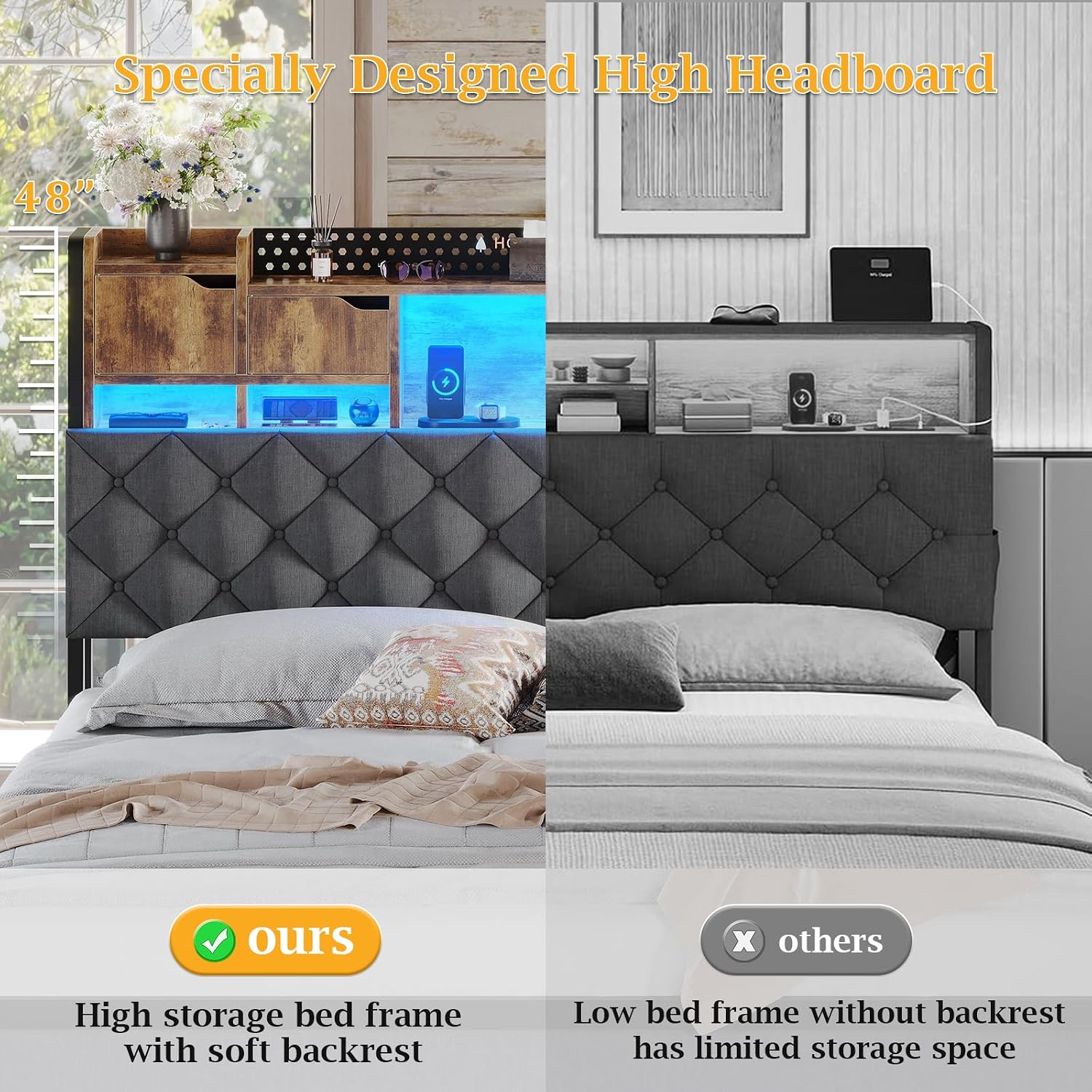 BYSAUD King Size Bed Frame, King Bed Frame with Storage Headboard, Upholstered Platform Bed Frame with LED Lights and Charging Station, Noise Free, Heavy Duty Metal Slats, Easy Assembly, Gray