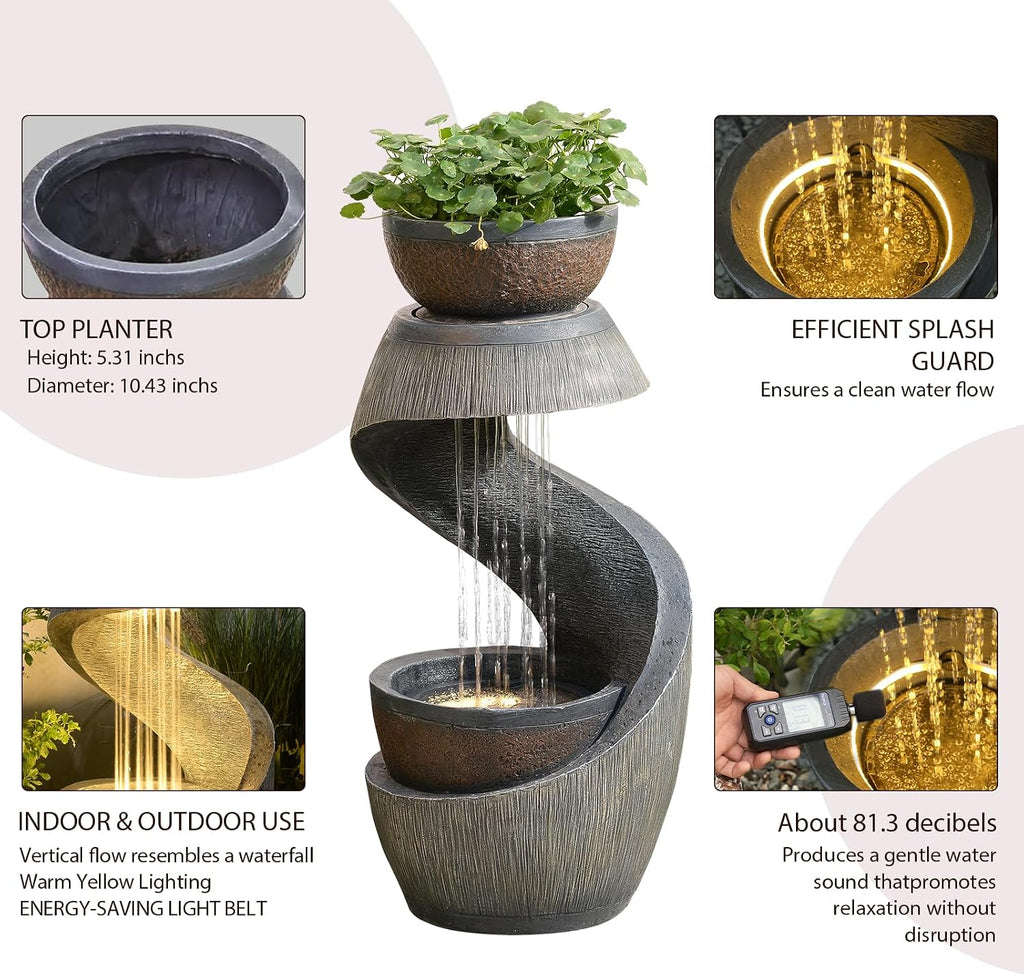 Sunlinua 31.9' S-Shaped Water Outdoor Fountain–Modern Cascading Waterfall Feature with LED Lights & Planter Bowl, Garden Fountains Outdoor for Patio, Balcony, Yard or Home Decor, Resin Waterfall