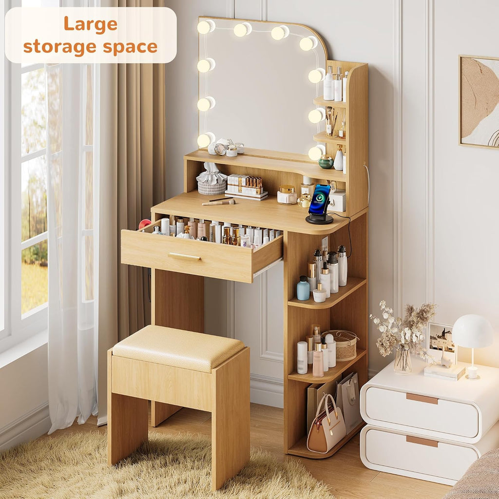 wanan Makeup Vanity with Chair, Small Vanity Desk with Mirror and Lights 3 Colors, Girls Vanity Set with Power Outlet, Compact Vanity Table for Small Space, Oak