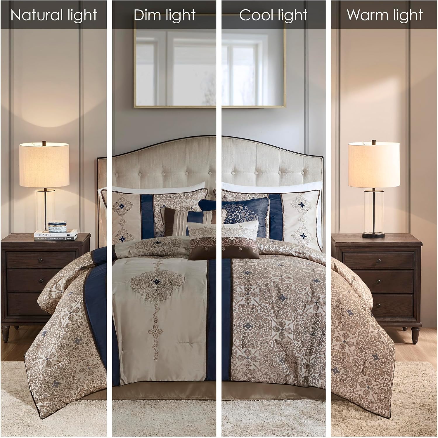 Madison Park Comforter Faux Silk-Traditional Luxurious Jacquard Design All Season Set, Matching Bed Skirt, Decorative Pillows, Queen(90'x90'), Navy 7 Piece