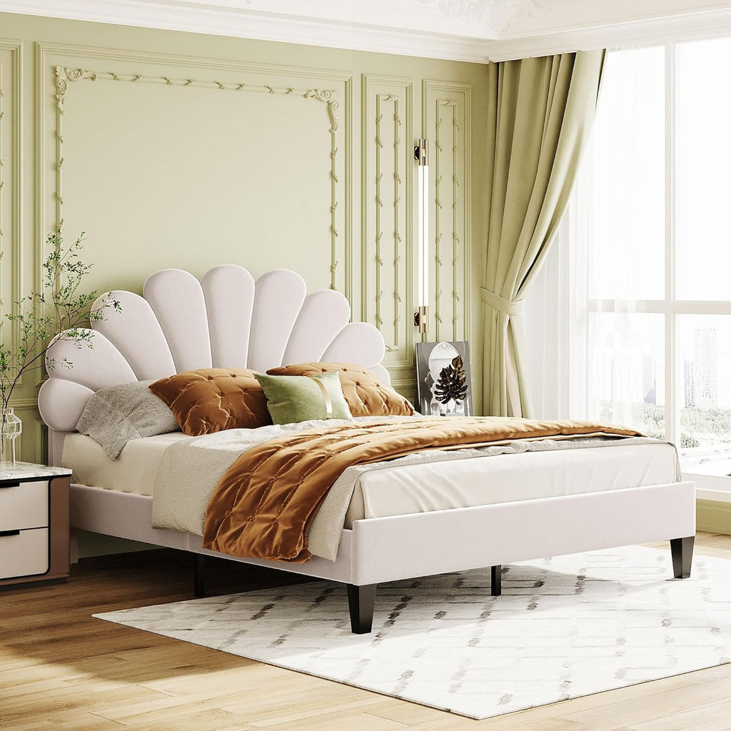 Harper & Bright Designs Queen Size Upholstered Platform Bed Frame with Flower Pattern Velvet Headboard for Boys Girls Kids Adults, Beige