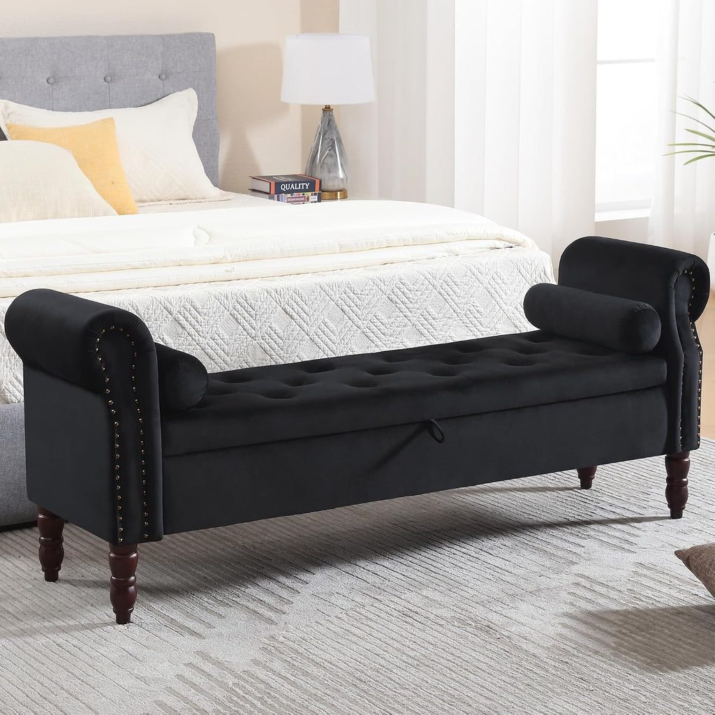 Storage Bench for Bedroom King Size, 67' End of Bed Storage Bench, Upholstered Tufted Storage Ottoman Benches, Velvet Bench with Storage and Arms for Bedroom, Living Room, Entryway, Black