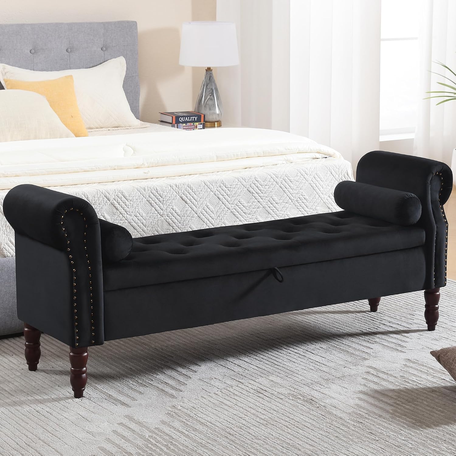 Storage Bench for Bedroom King Size, 67' End of Bed Storage Bench, Upholstered Tufted Storage Ottoman Benches, Velvet Bench with Storage and Arms for Bedroom, Living Room, Entryway, Black