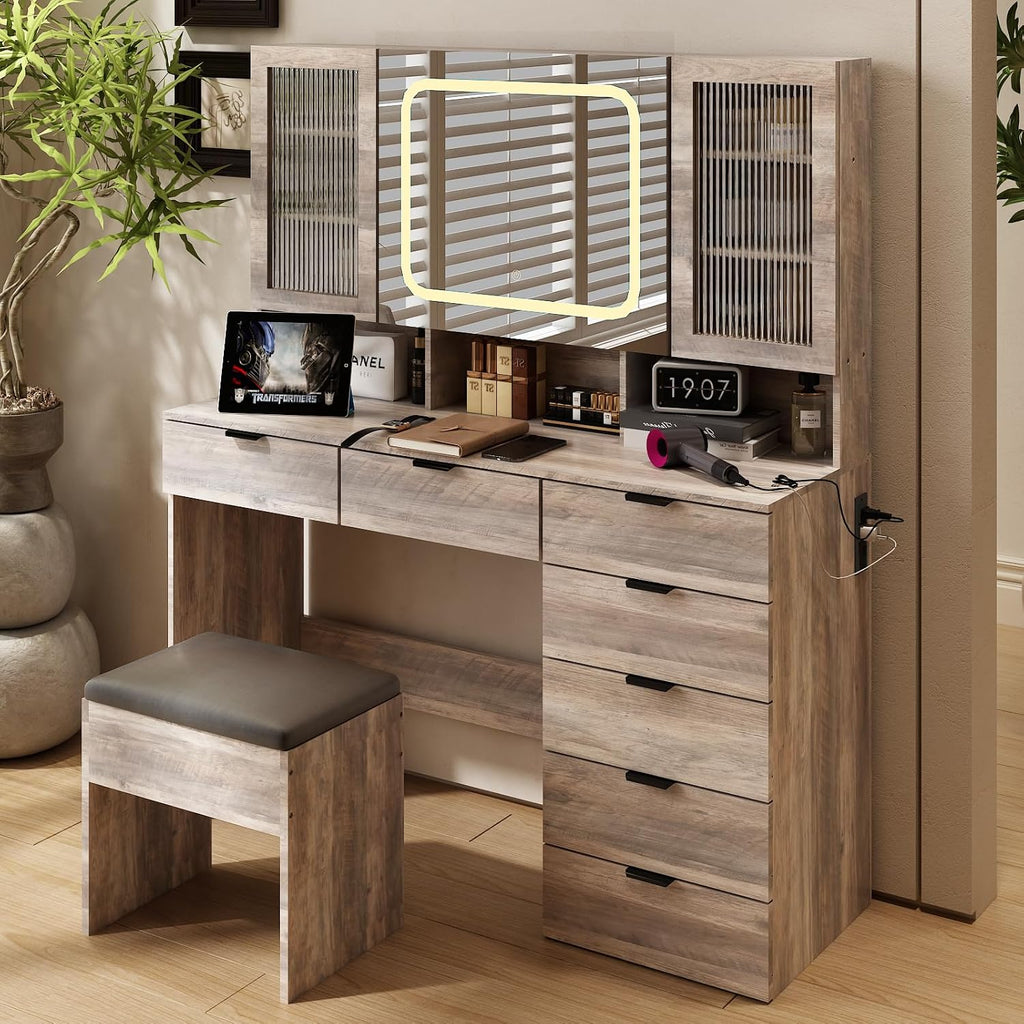 VINGLI Vanity Desk with LED Lighted Mirror & Padded Bench, Makeup Set with 7 Drawers & 2 Clear Glass Cabinets & 1 Hidden Mirror Cabinet & 3 Storeroom & Charging Station for Bedroom, Grey