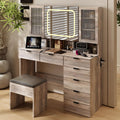 VINGLI Vanity Desk with LED Lighted Mirror & Padded Bench, Makeup Set with 7 Drawers & 2 Clear Glass Cabinets & 1 Hidden Mirror Cabinet & 3 Storeroom & Charging Station for Bedroom, Grey