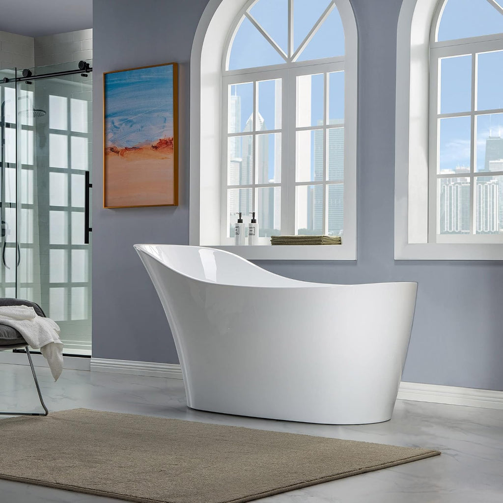WOODBRIDGE 59' Acrylic Freestanding Bathtub Contemporary Soaking White Tub with Matte Black Overflow and Drain，B0029-MB-Drain&O