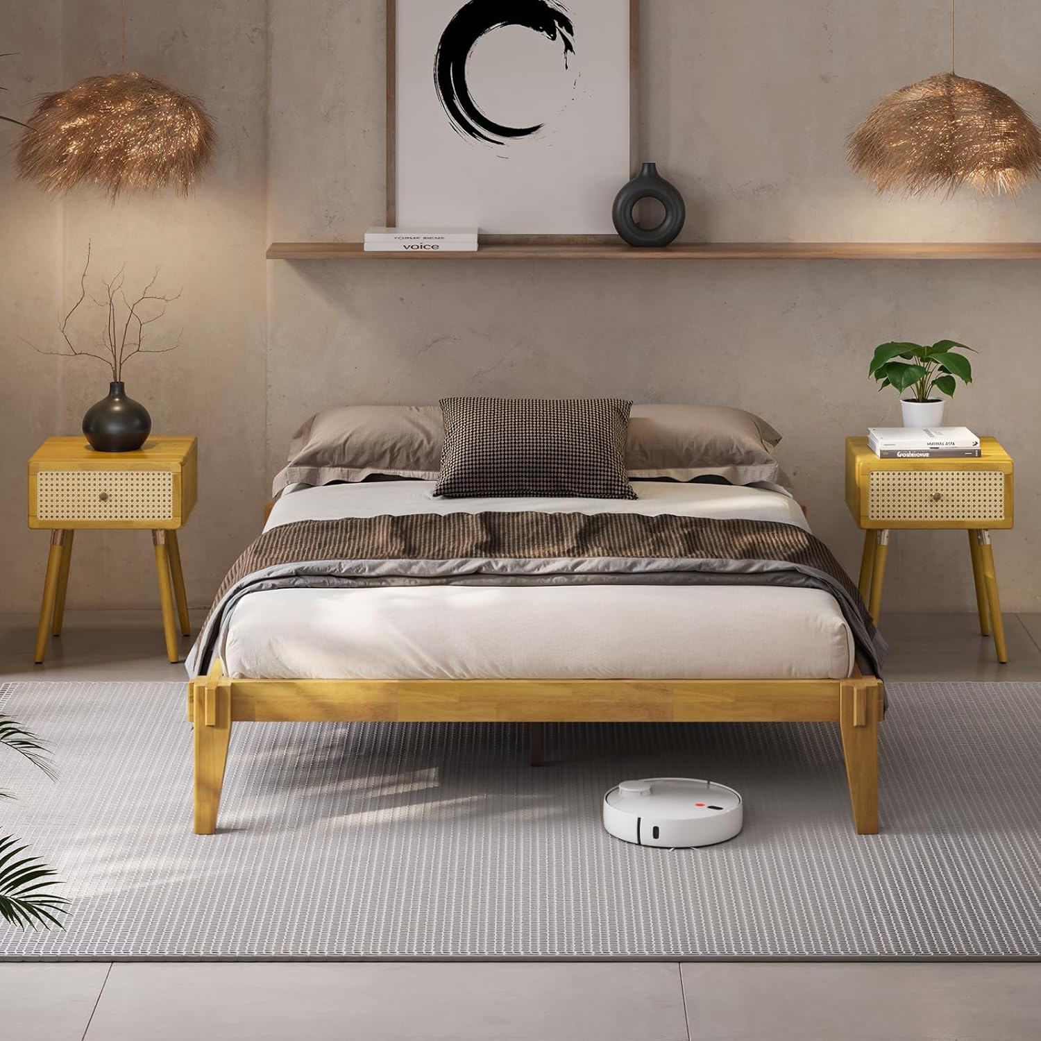 Bme Chalipa 14' Queen Bed Frame - Solid Wood Platform Bed - Japanese Joinery Bed Frame - Wood Slat Support - No Box Spring Needed - Easy Assembly - Minimalist & Modern Style, Golden Natural