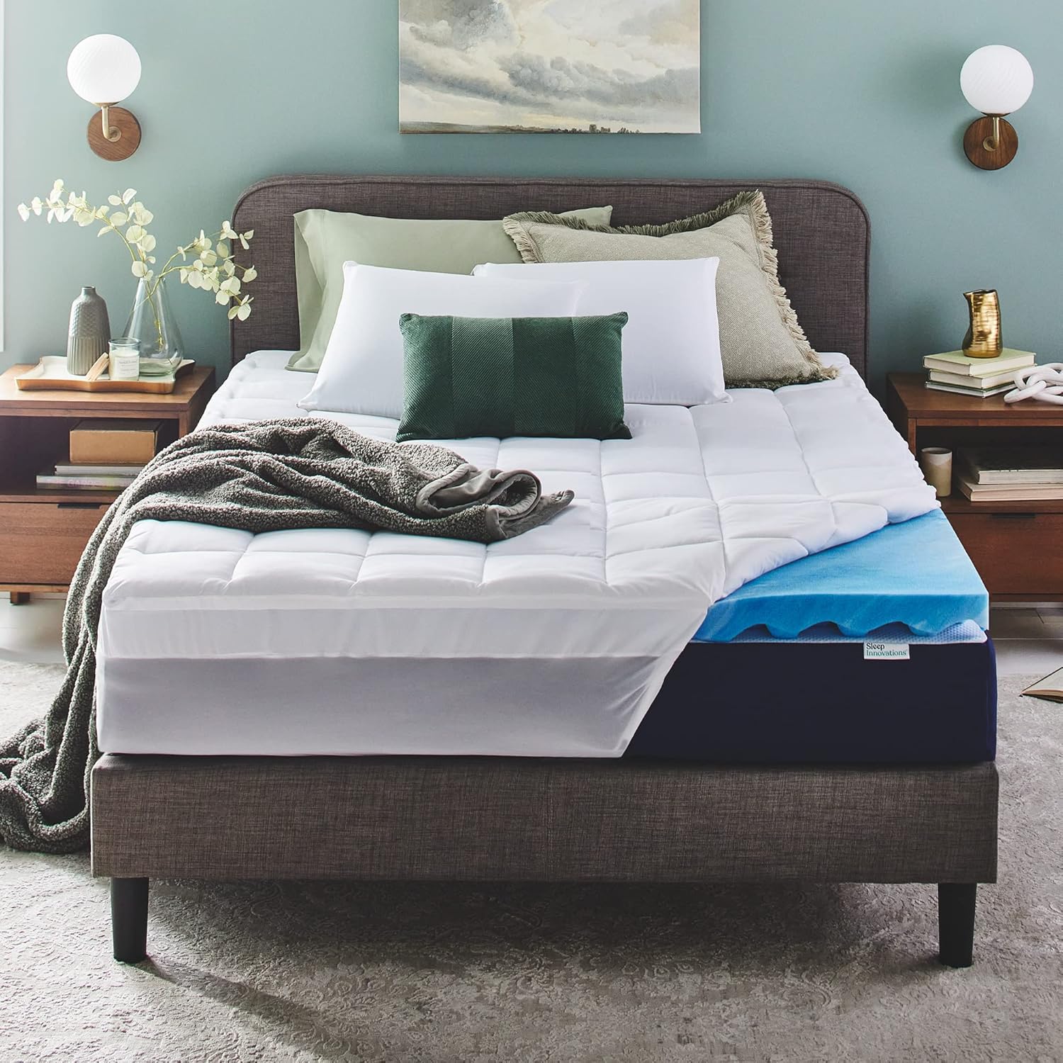 Sleep Innovations Dual Layer 4 Inch Memory Foam Mattress Topper, California King Size, Ultra Soft Support, 3 Inch Cooling Gel Memory Foam Plus 1 Inch Fluffy Pillow Top Cover
