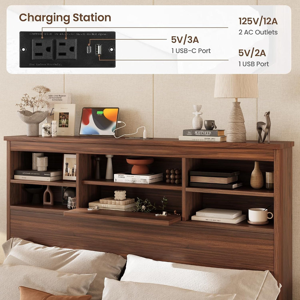 4 Piece Bedroom Furniture Set Farmhouse - Walnut Wood Queen Size Platform Bed Frame with Storage Headboard and Charging Station, Rustic Queen Bedroom Set with 1 Dresser and 2 Nightstand Sets