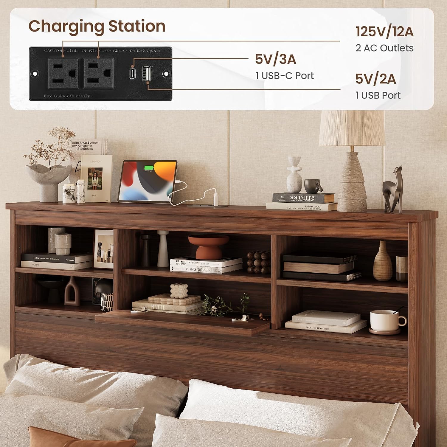 4 Piece Bedroom Furniture Set Farmhouse - Walnut Wood Queen Size Platform Bed Frame with Storage Headboard and Charging Station, Rustic Queen Bedroom Set with 1 Dresser and 2 Nightstand Sets