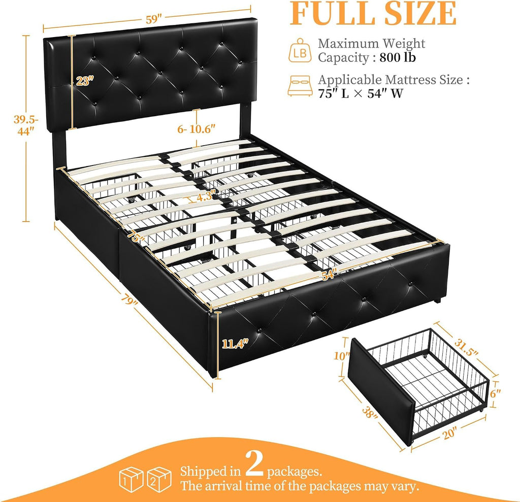 Yaheetech Upholstered Bed Frame with 4 Storage Drawers and Adjustable Headboard, Faux Leather Platform Bed Frame with Mattress Foundation, Strong Wooden Slats Support, No Box Spring Needed, Black-Full