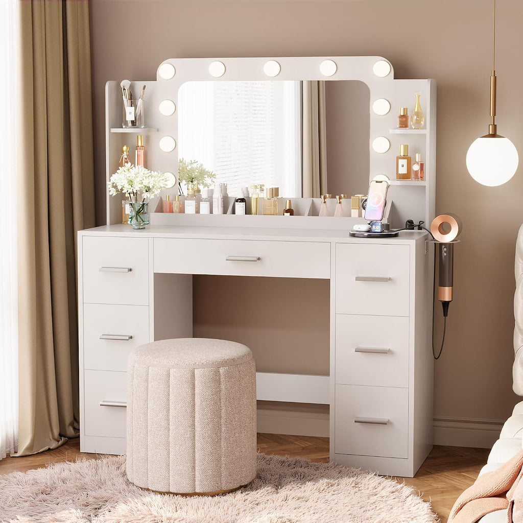 Furmax Vanity Desk with Hollywood Style Mirror with LED Lights, Makeup Table Vanity with 2 AC Outlets and1 USB＆1 Type-C Port, Adjustable Lighting, Modern Ample Storage Drawers Dressing Table (White)