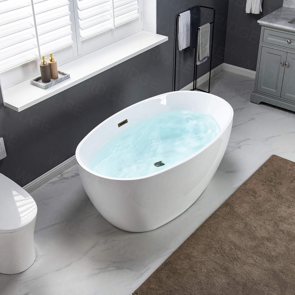 WOODBRIDGE 55' Acrylic Freestanding Bathtub Contemporary Soaking White Tub with Oil Rubbed Bronze Overflow and Drain,BTA1418 -ORB