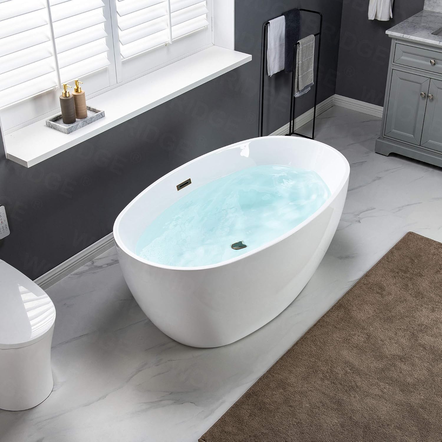 WOODBRIDGE 55' Acrylic Freestanding Bathtub Contemporary Soaking White Tub with Oil Rubbed Bronze Overflow and Drain,BTA1418 -ORB