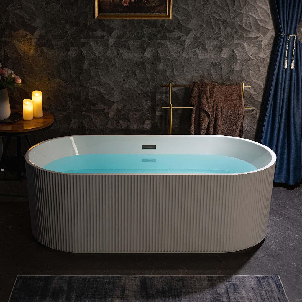 WOODBRIDGE 67' L x 31-1/2' W Freestanding Contemporary Soaking Bathtub with Matte Black Pop-Up Drain Drain and Overflow Option, White, BTA1526/B0026+MB-Drain &O