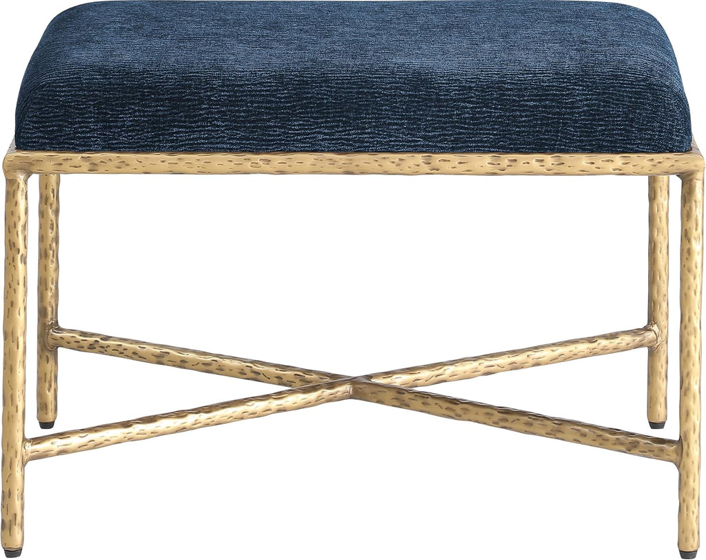Meridian Furniture 22061Navy Valley Collection Modern | Contemporary Bench with Soft Navy Chenille Fabric, Brushed Brass Forged Iron Metal Legs and Frame, 25' W x 18' D x 18' H, Navy