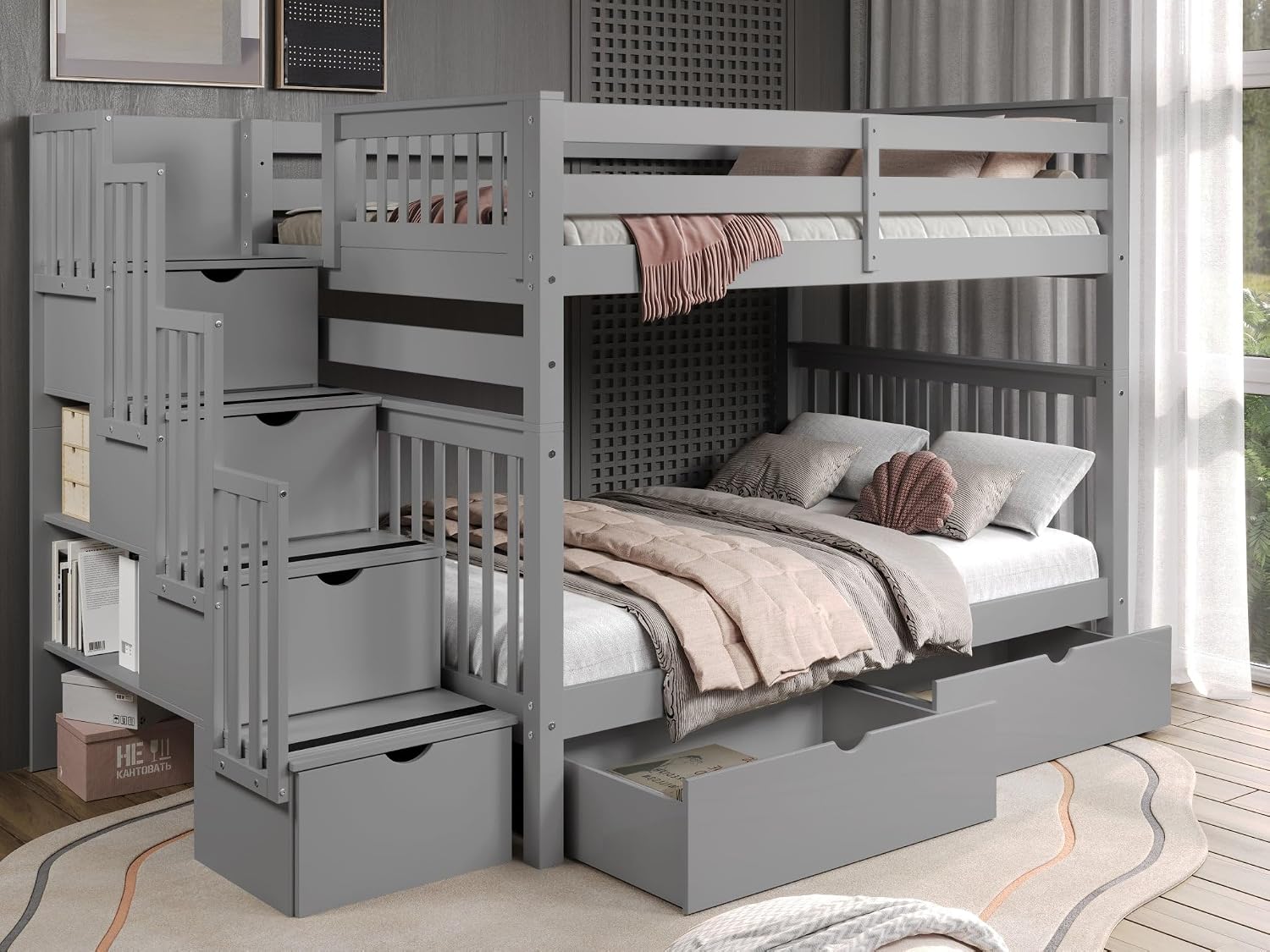 Bedz King Stairway Bunk Beds Full Over Full, 4 Step Drawers, 2 Storage Drawers, Gray