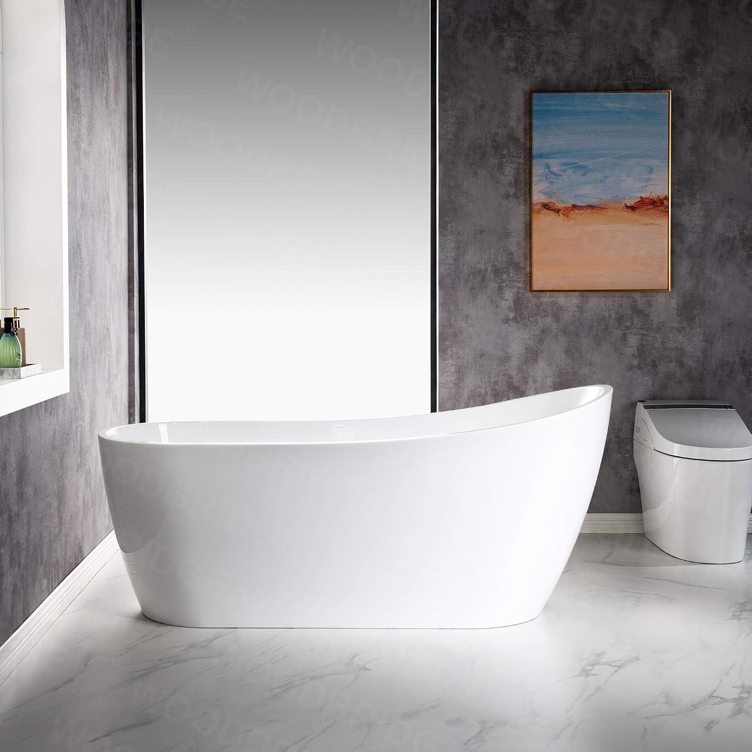 WOODBRIDGE 67'Freestanding White Acylic Soaking Bathtub with White Pillow,Drain and Overflow in Brushed Gold,BTA1508 -BG-Drain &O+ Pillow