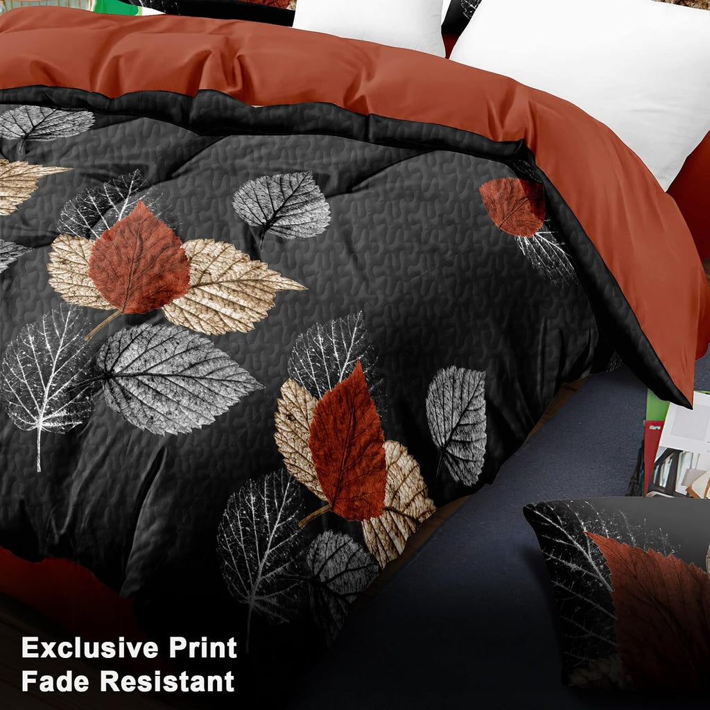 Elegance 9-Piece Leaves Queen Light Comforter Set, Luxury Bed in a Bag Queen Bedspread with Matching Curtains Ultra Soft & Breathable Black Brown Floral Bedding, All-Season Decor for Master Suite