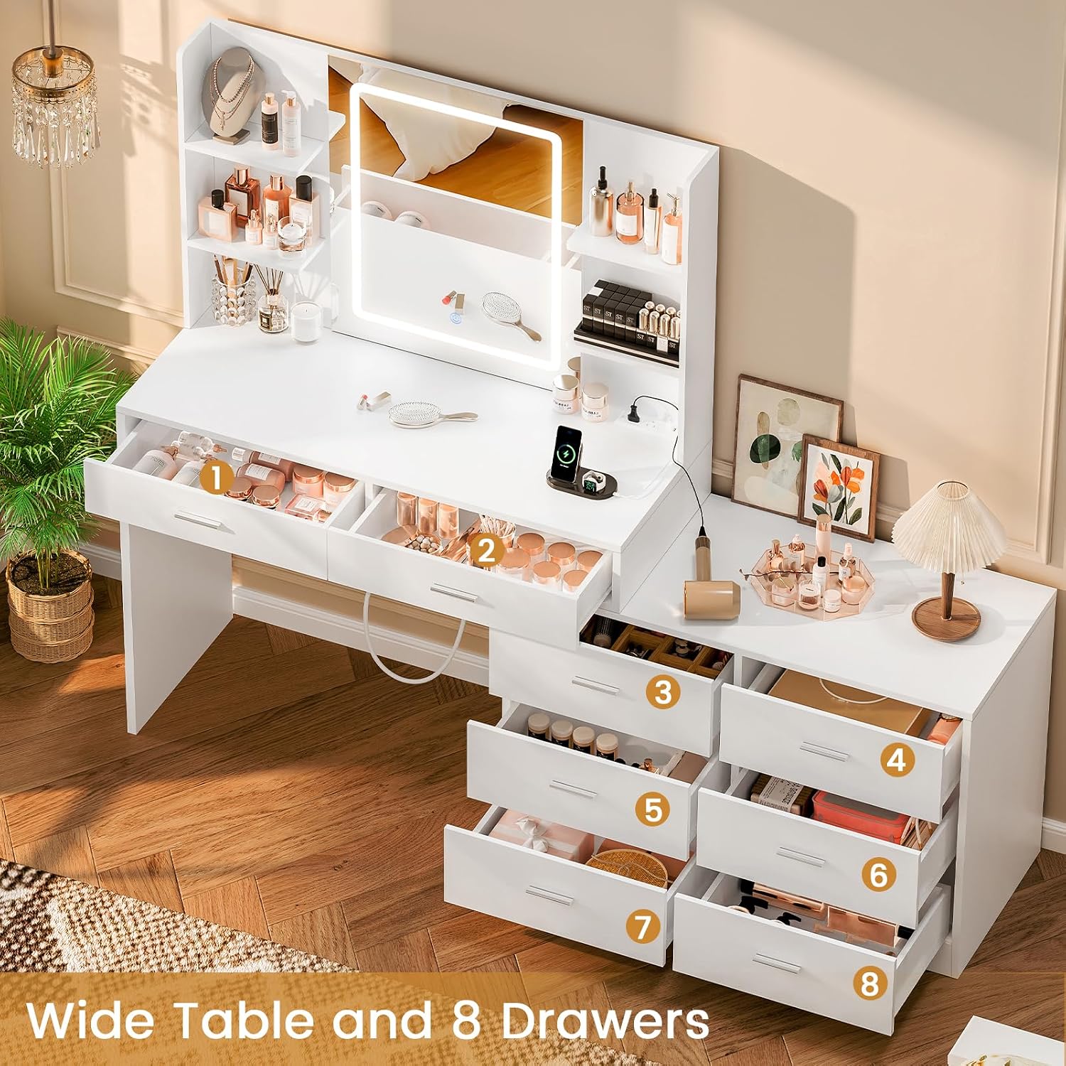 Quimoo Vanity Desk with LED Lighted Mirror & Power Outlet, Modern Corner Makeup Vanity Table with 8 Drawers & Open Shelves, Dressing Table for Bedroom, Makeup Room, White