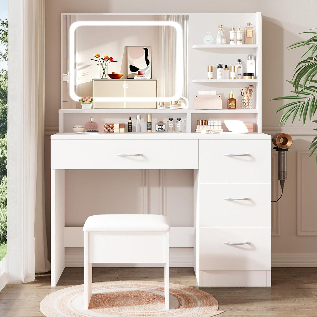 LIVELYGLOW Makeup Vanity Desk with Smart LED Mirror & Charging Station, 34.1' White Vanity Table Set with Cushioned Stool, 4 Drawers & Hairdryer Rack, Modern Bedroom Dressing Table-White