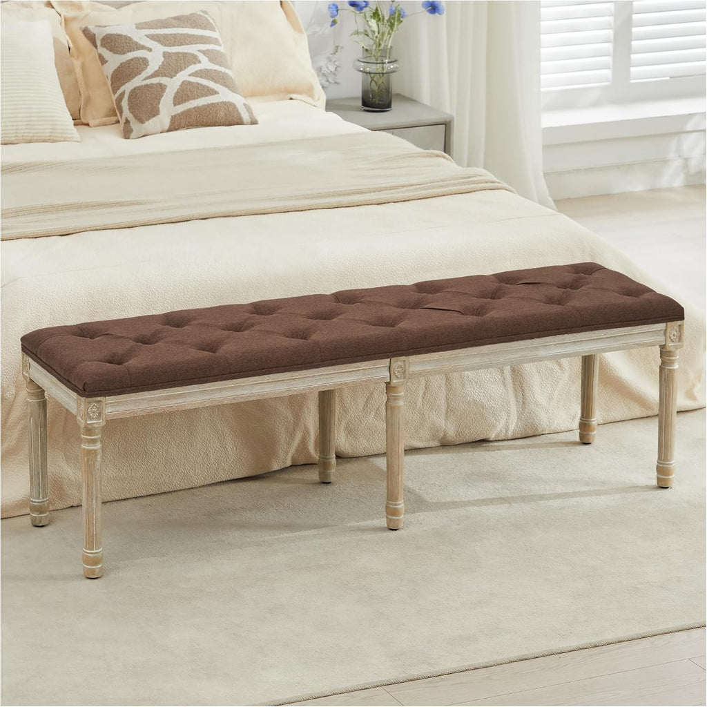 LOULENS 57.7' Linen Fabric End of Bed Bench, French Upholstered Button Tufted Bench for Bedroom End of Bed King Size, Window Seat with Carved Wood Legs for Bedroom, Living Room, Entryway, Brown