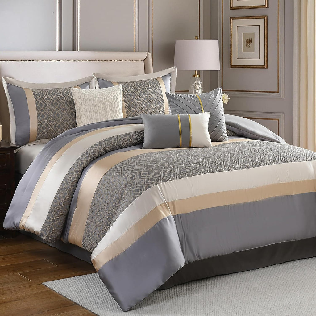 PANGUSHAN 7 Pieces Comforter Set Queen Size, Luxury Silky Elegant Jacquard Fluffy Reversible Bedding Set with Bed Skirt, Shams and Pillows, Bed in a Bag Queen, Down Alternative, Gray