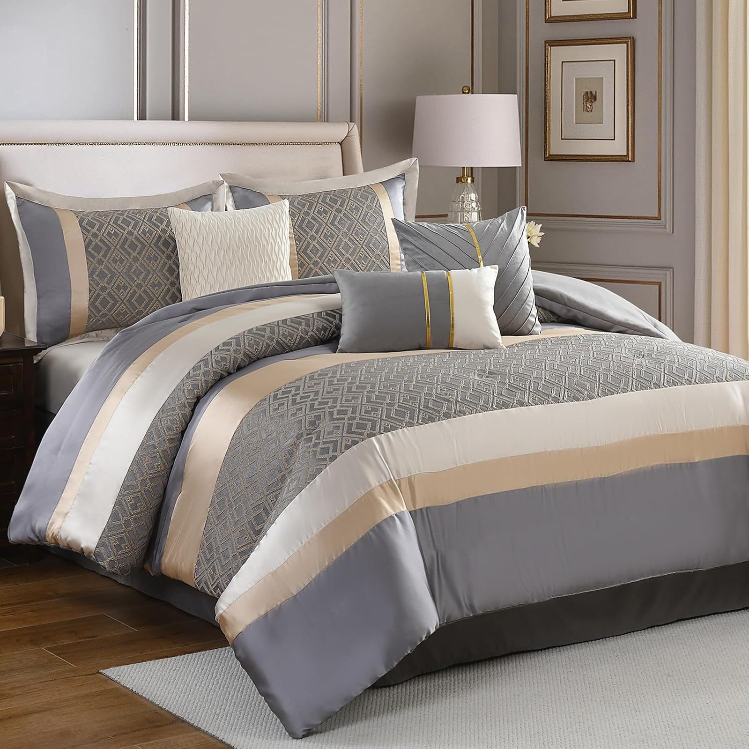 PANGUSHAN 7 Pieces Comforter Set Queen Size, Luxury Silky Elegant Jacquard Fluffy Reversible Bedding Set with Bed Skirt, Shams and Pillows, Bed in a Bag Queen, Down Alternative, Gray