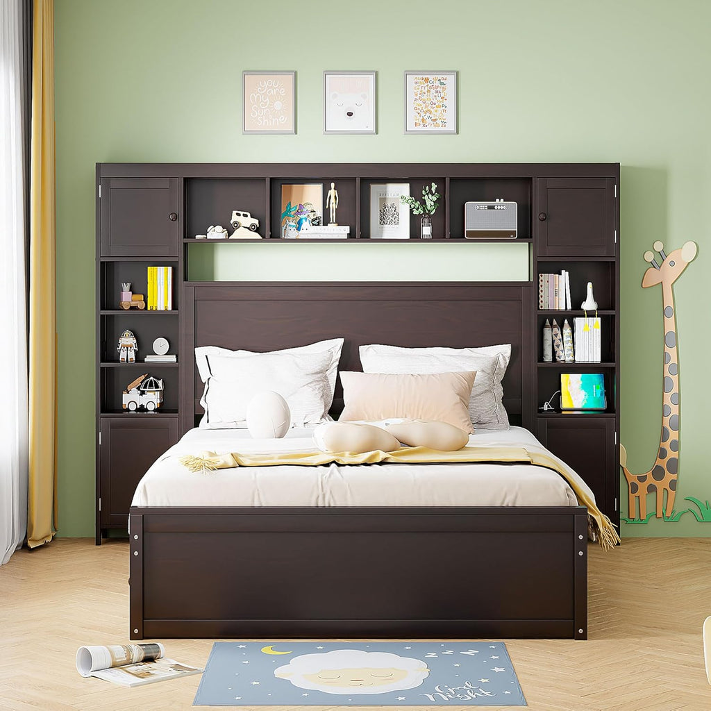 Polibi Queen Size Bed Frame with Bookcase Headboard,2 Storage Drawers and Trundle,Wooden Platform Bed Queen Size with All-in-One Cabinet, Shelf and Sockets,Espresso