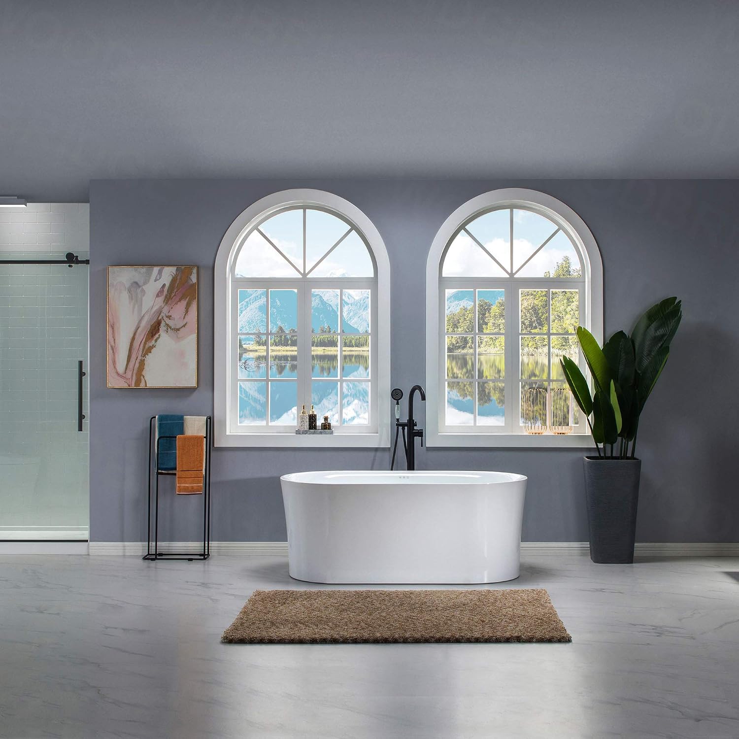 WOODBRIDGE 67' Acrylic Freestanding Bathtub Contemporary Soaking White Tub with Brushed Gold Overflow and Drain，B0101 -BG-Drain &O